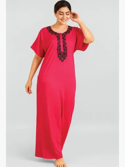 Women's Cotton Nighty, Embroidered, Raspberry